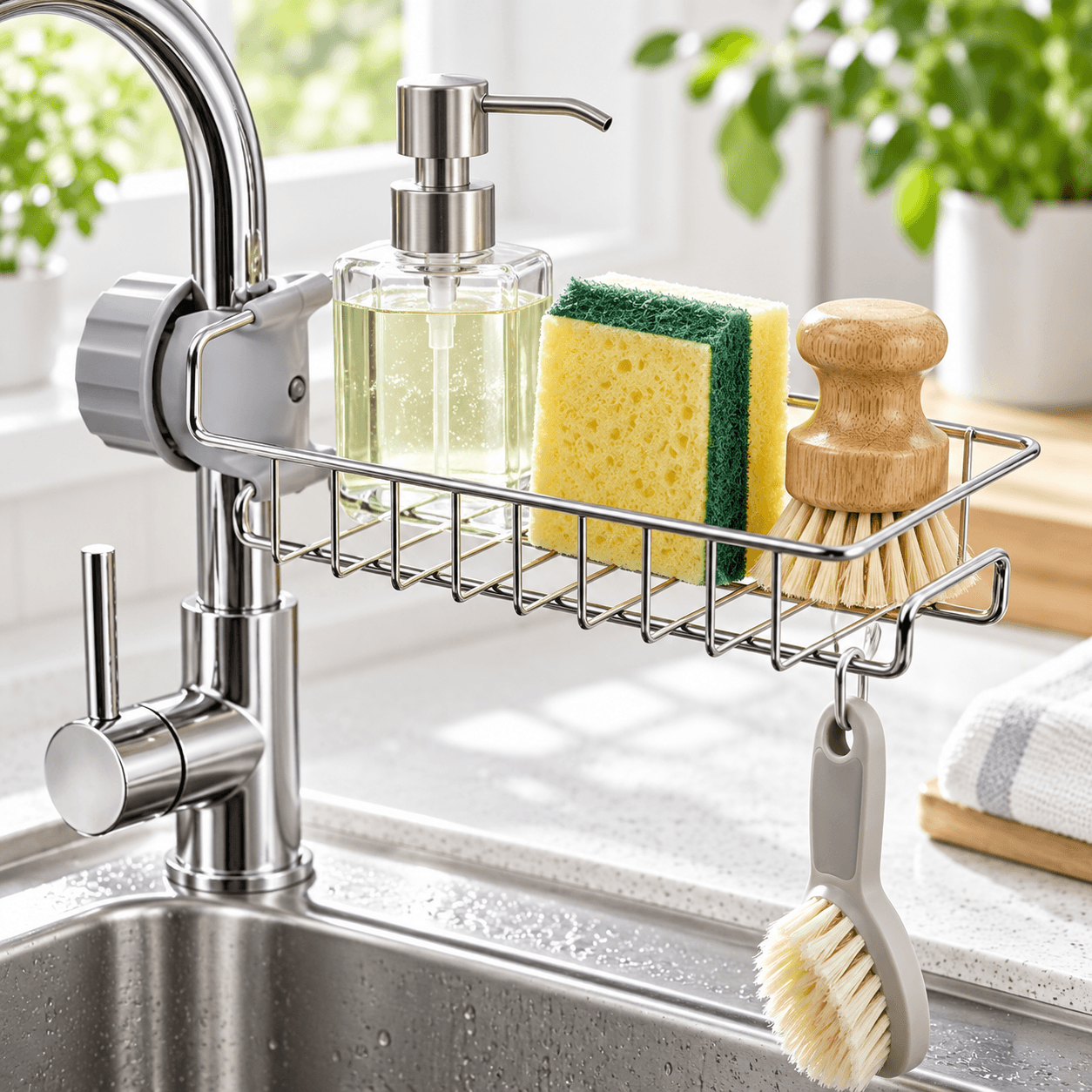 Stainless Steel Faucet-Mounted Sink Organizer Rack